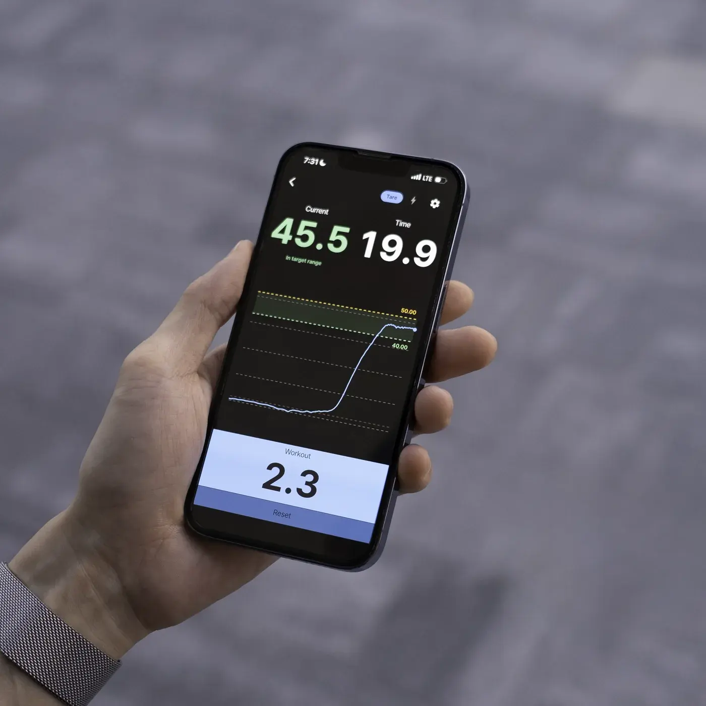 Frez app showing live force in the target range